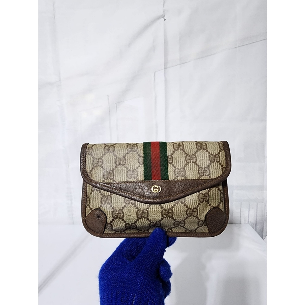 Gucci Beige and Brown Clutch with Green and Red Stripe